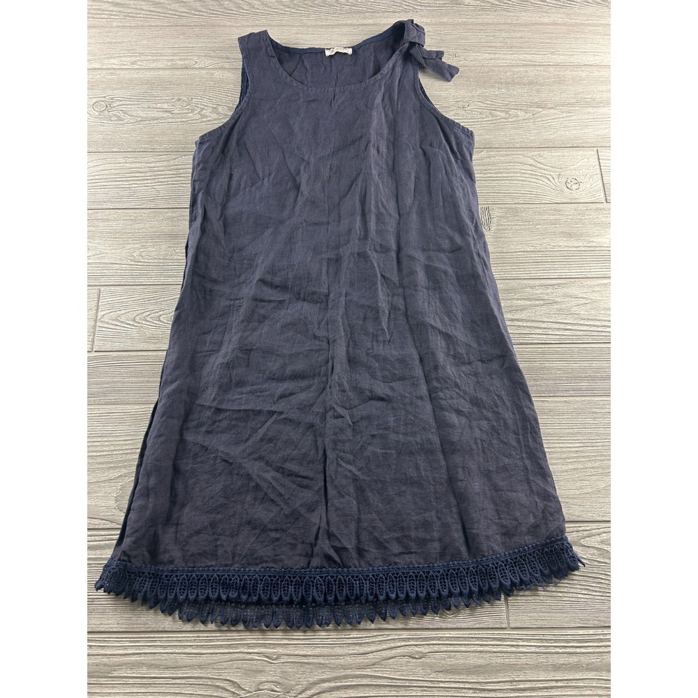 BELLAMBRA Womens Navy Linen Dress Sleeveless Lace Trim Shift Resort Blue Small